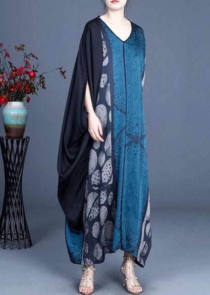 Blue Retro V Neck Patchwork Summer Robe Dresses Bat Wing Sleeve