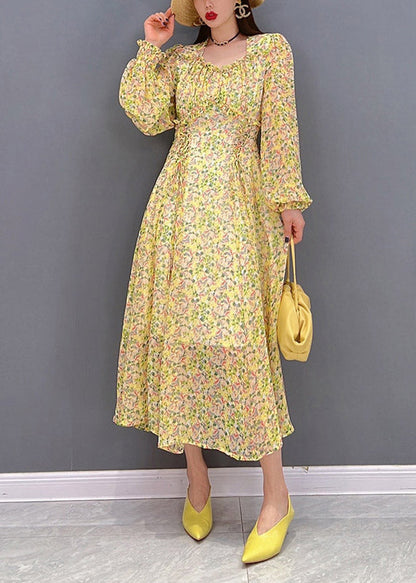 Yellow O-neck Print Wrinkled Chiffon Long Dress Long Sleeve