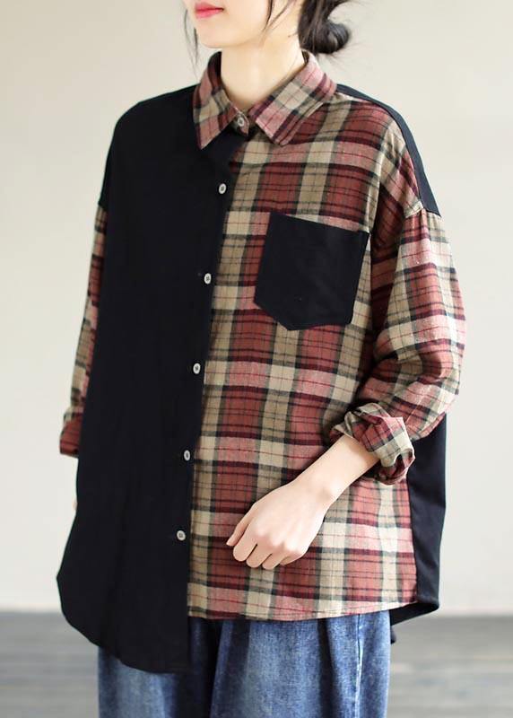 Loose Black Plaid for Lapel Patchwork Short Spring Top