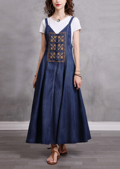Blue V Neck Embroideried Spaghetti Strap Cotton Long Dress Sleeveless