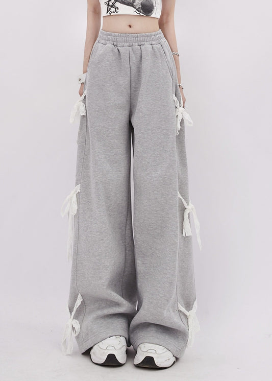 Organic Grey Oversized Patchwork Lace Straight Pants Spring