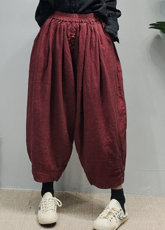 Dark Red Pocket Linen Harem Pants Button Spring