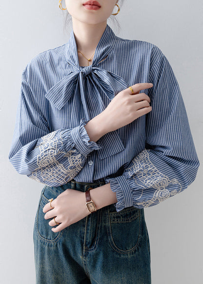 Blue Striped Bow Cotton Blouses Lantern Sleeve