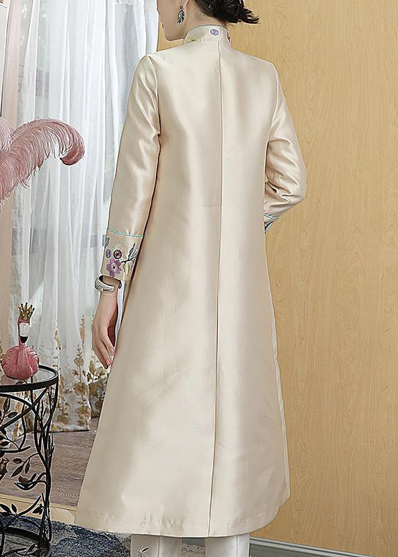 Vogue Champagne Stand Collar Printing Bird Button Pockets Satin Coats Long Sleeve