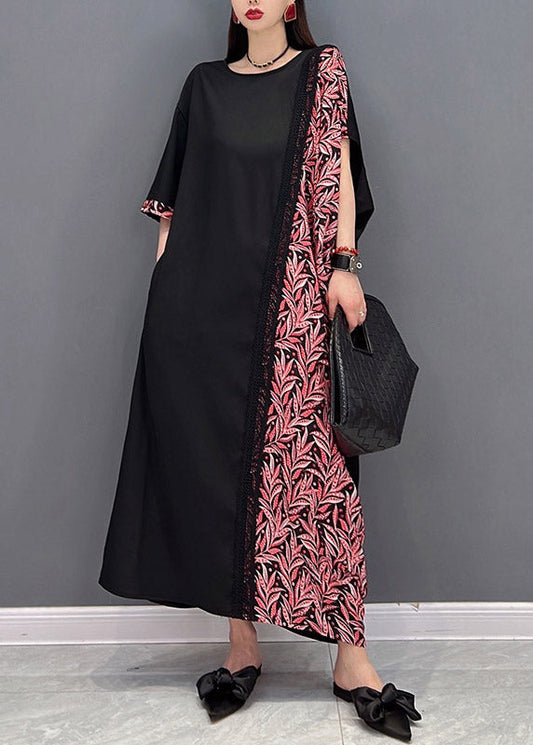 O-neck Asymmetrical Print Patchwork Pockets Dresses Short Sleeve