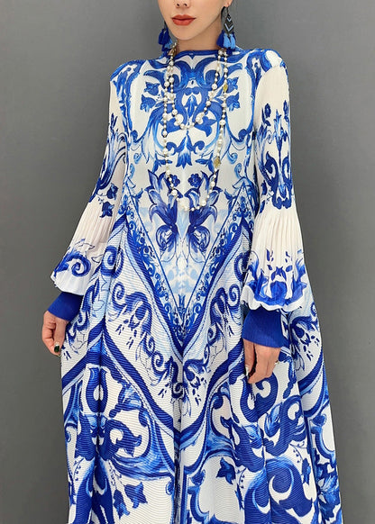 Blue Print Exra Large Hem Holiday Dress Lantern Sleeve