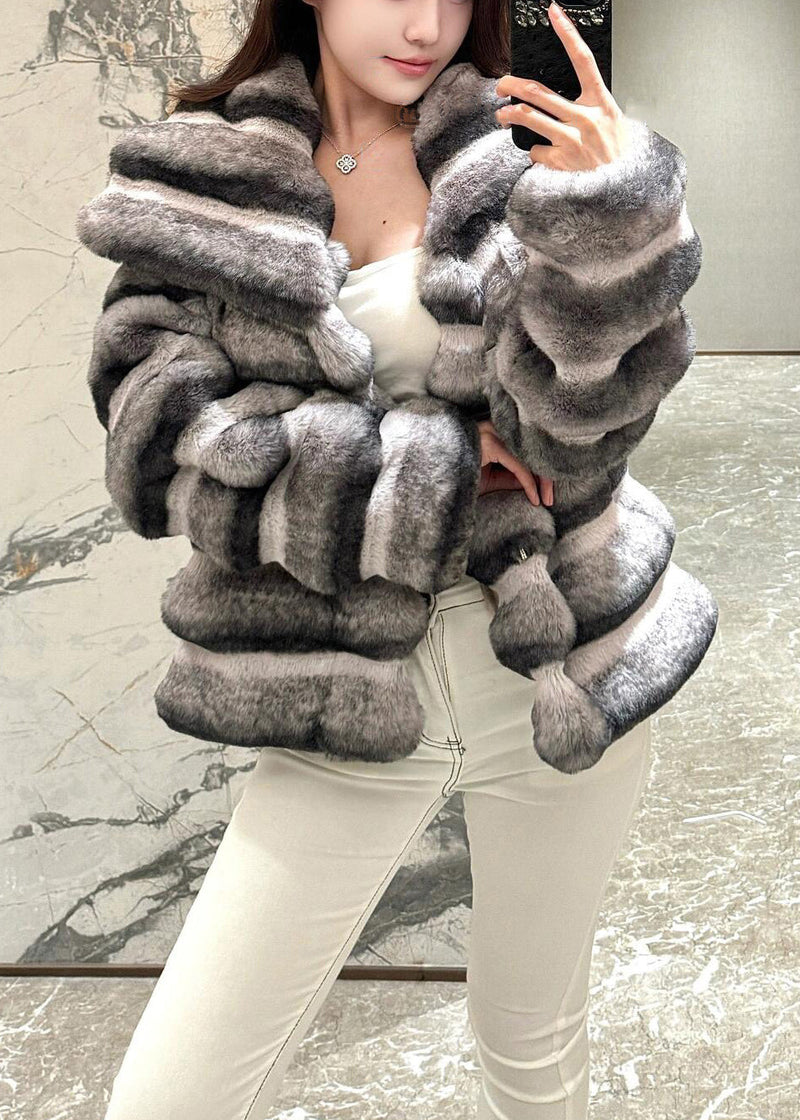Italian Peter Pan Collar Striped Leather and Fur Coats Winter
