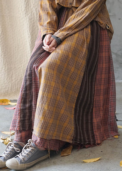 Handmade Colorblock Elastic Waist Plaid Patchwork Cotton Skirt Spring