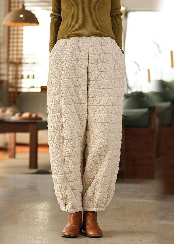 Beige Pockets High Waist Cotton Filled Pants Spring