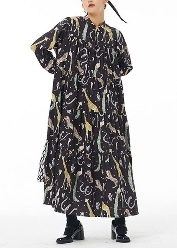 Black Stand Collar Animal Print Patchwork Cotton Shirts Dress Spring