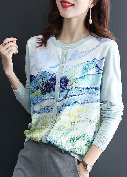 Light Blue Print Knit Cardigan O-neck Oversized Spring