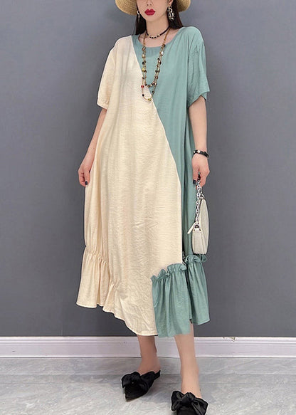 Loose Yellow Green O-neck Patchwork Ruffled Long Dress Short Sleeve