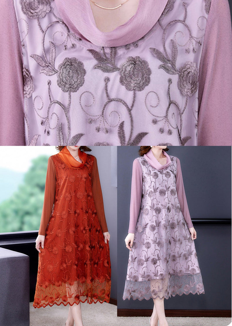 Stylish Orange Embroideried Tulle Long Dress Long Sleeve