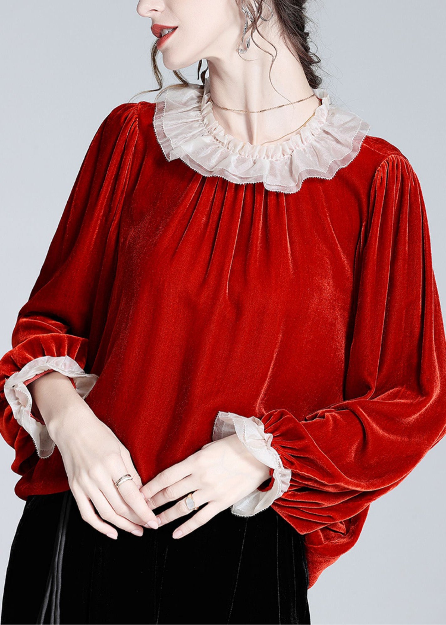 Mulberry O-neck Velour Tops Long Sleeve
