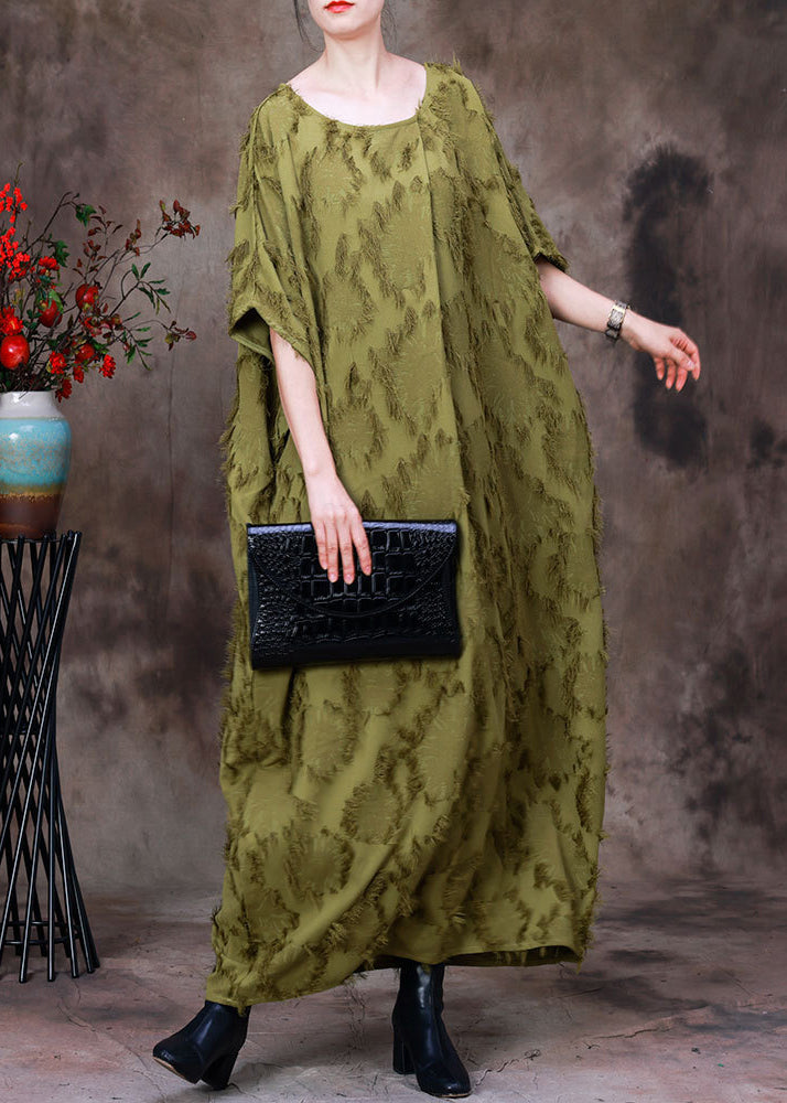 Green O-neck Asymmetrical Print Woolen Long Dress Batwing Sleeve