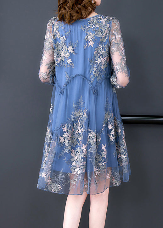 Blue O-neck Print Patchwork Tulle Vacation Dresses Half Sleeve