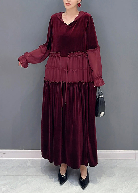 Wine Red Ruffled Lace Up Patchwork Velour Long Dresses Fall