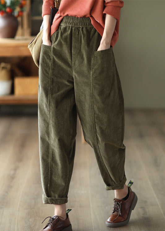 Green Pockets Patchwork Corduroy Pants Fall