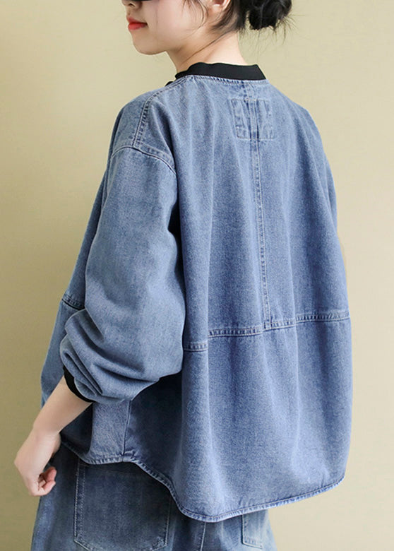 Blue O-neck Patchwork Zippered Denim Coats Spring