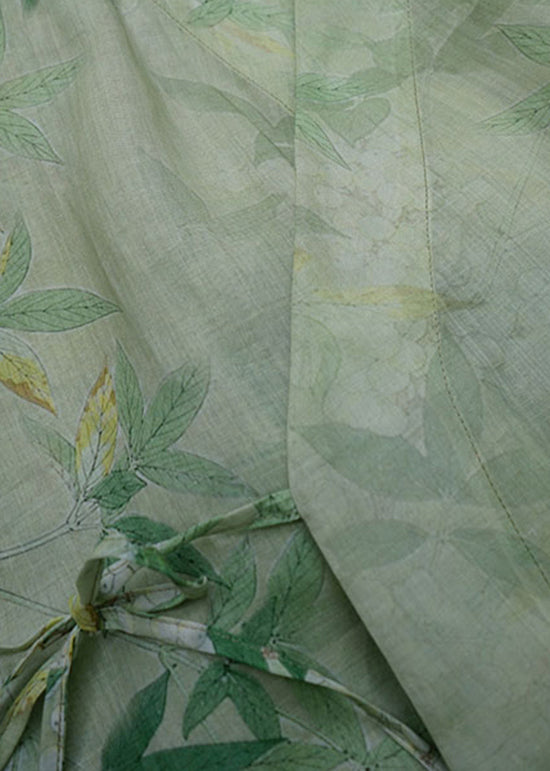 Green V Neck Print Lace Up Linen Two Pieces Set Summer