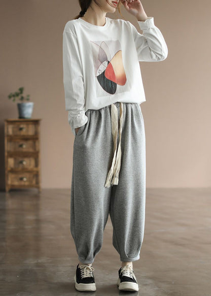 Classy White Oversized Print Cotton Pullover Fall
