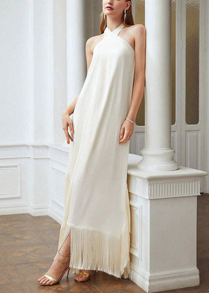 Boutique Beige Tasseled Off the Shoulder Dress Sleeveless