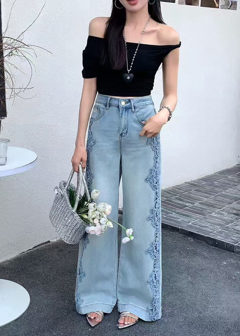 Blue Hollow Out Patchwork Lace Denim Straight Pants Fall