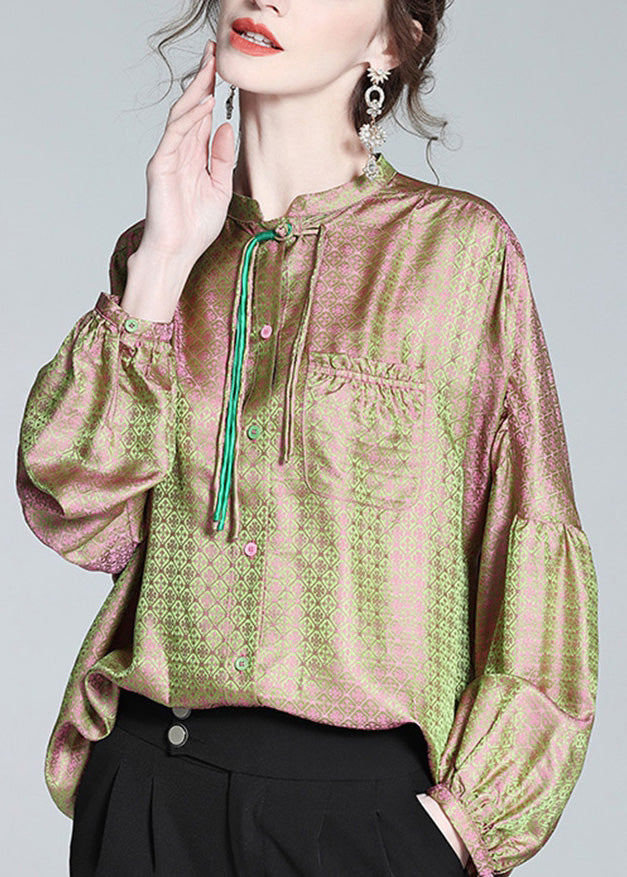 Pink Green Stand Collar Print Button Slik Shirts Lantern Sleeve