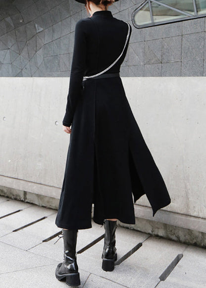 Black High Waist Cotton Long Dresses Side Open Spring