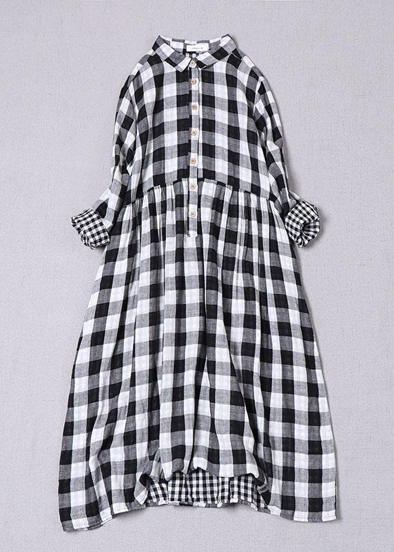 Black White Plaid Peterpan Collar Pockets Button Fall Patchwork Cotton Dresses