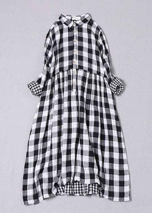 Black White Plaid Peterpan Collar Pockets Button Fall Patchwork Cotton Dresses