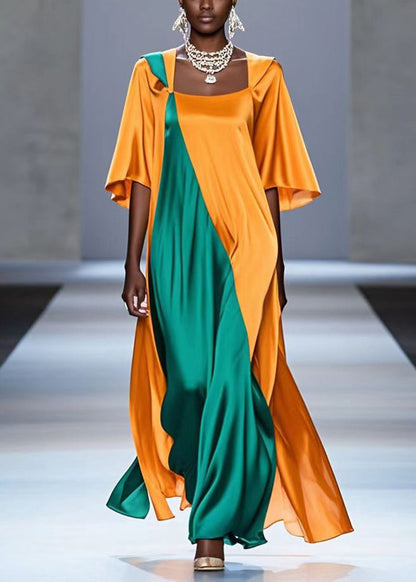 Yellow Oversized Patchwork Silk Maxi Dress Summer