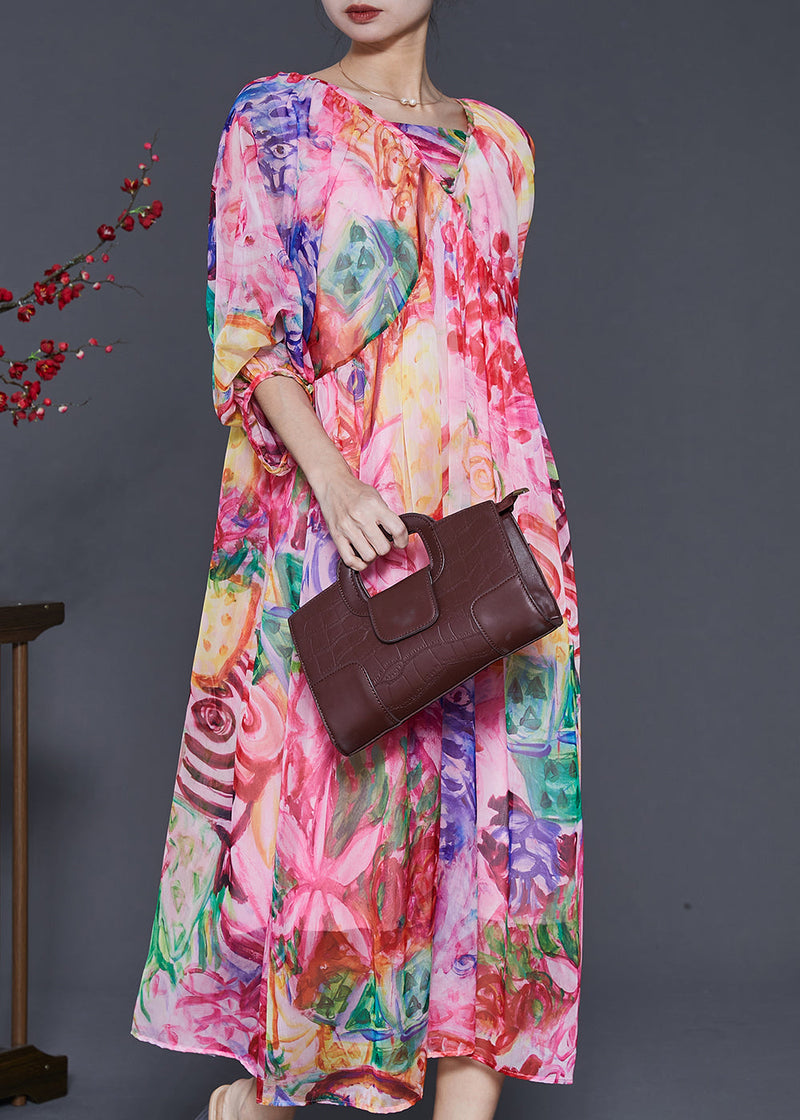 Pink Print Exra Large Hem Chiffon Dresses Lantern Sleeve Spring