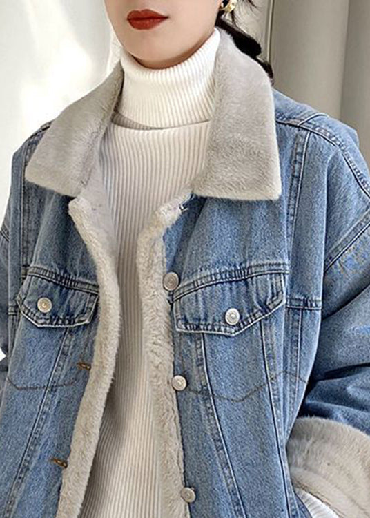 Light Blue Peter Pan Collar Pockets Warm Fleece Denim Coats Long Sleeve