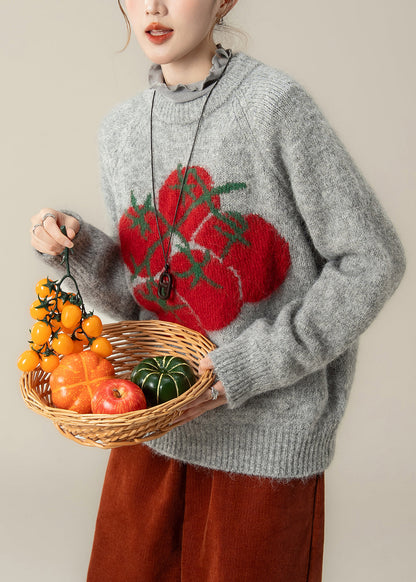 Grey Print Chunky Oversized Knitted Tops Winter
