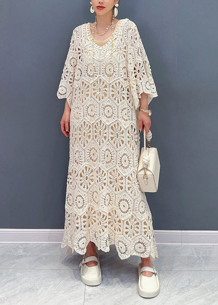 Simple Apricot O-neck Hollow Out Knit Maxi Dress Long Sleeve Summer