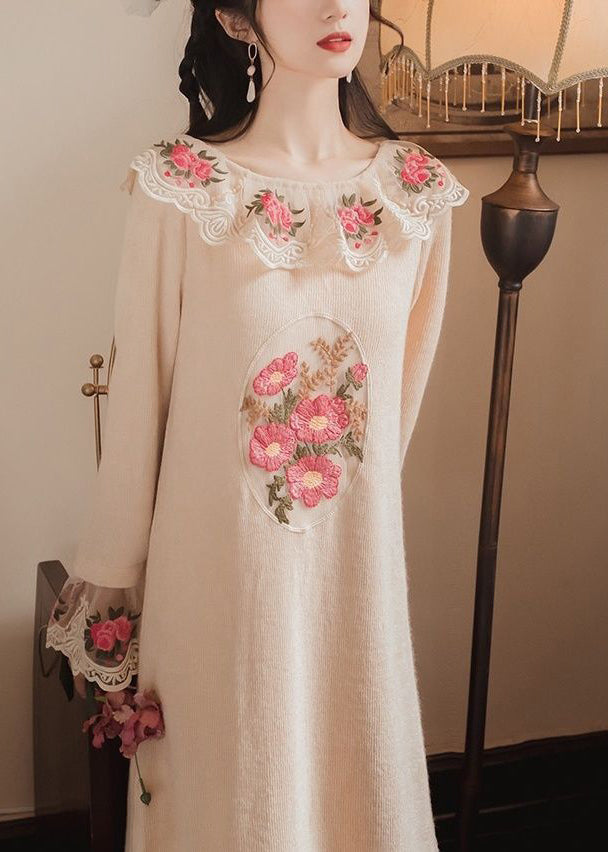 Modern Apricot Embroidered Patchwork Tulle Knit Long Sweater Spring