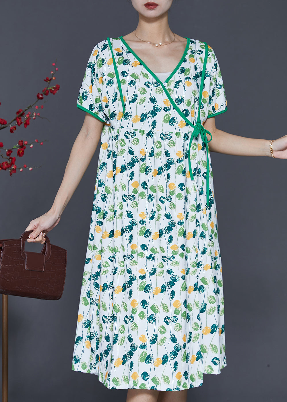 Green V Neck Print Cotton Dresses Summer