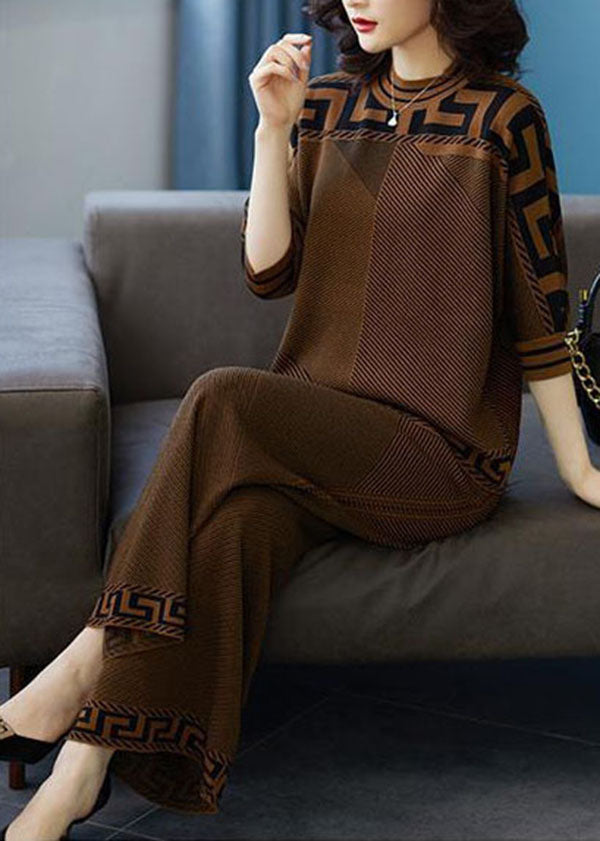 Chocolate Striped Silk Sweatshirt Two Pieces Set O-neck Original Design Fall