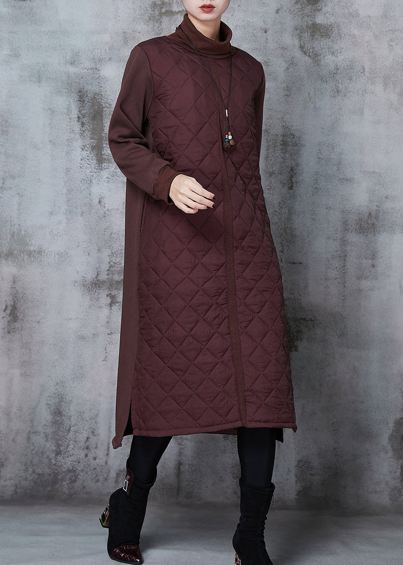 Brown Turtle Neck Patchwork Fine Cotton Filled Dresses Spring