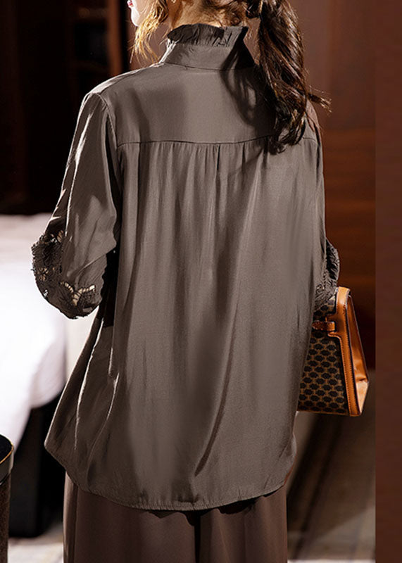 Chocolate Ruffled Hollow Out Chiffon Shirt Long Sleeve