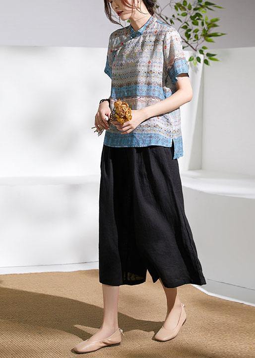Grey Blue Print Chinese Style Summer Ramie Short Sleeve Shirts