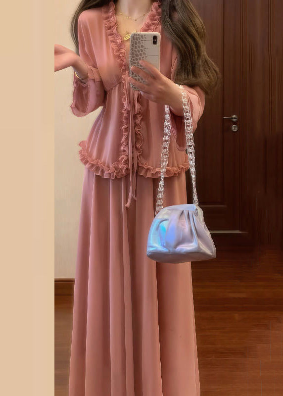 Pink Ruffled Lace Up Shirt and Skirts Chiffon Two Pieces Set Fall