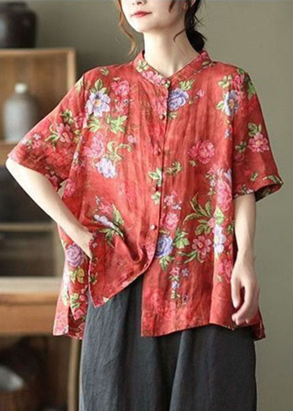 Red Stand Collar Print Cotton Shirt Tops Short Sleeve