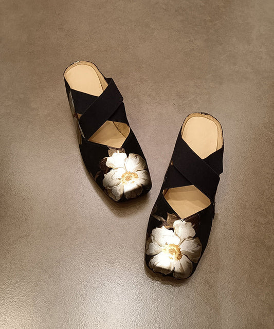 Black Cowhide Leather Splicing Slide Sandals