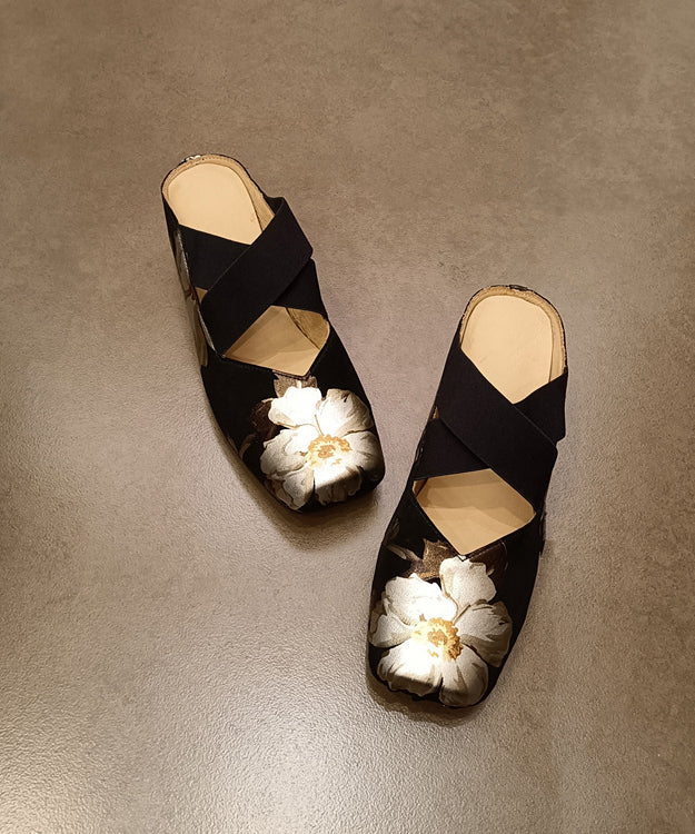 Black Cowhide Leather Splicing Slide Sandals