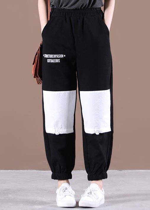 Natural Black Elastic Waist Patchwork Pants Summer Cotton