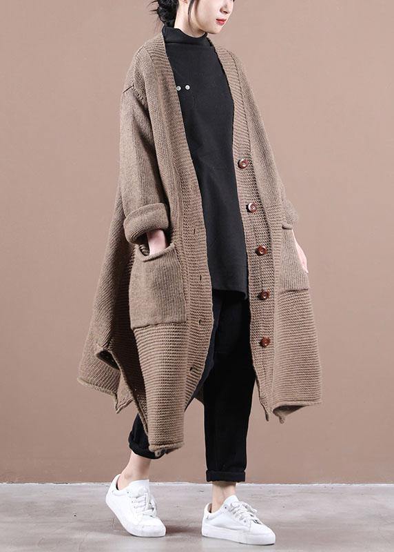 Chocolate V Neck Pockets Fall Long Sweater Coat