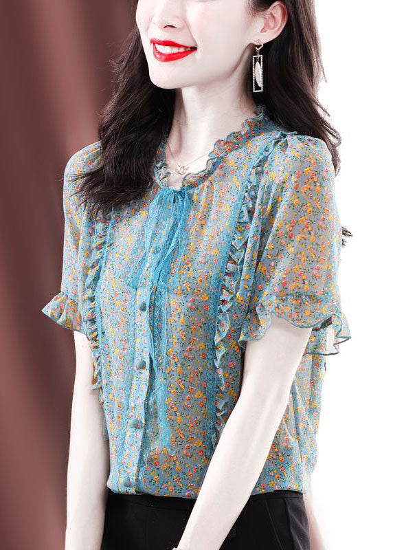 Green Ruffled Print Chiffon Blouses Summer
