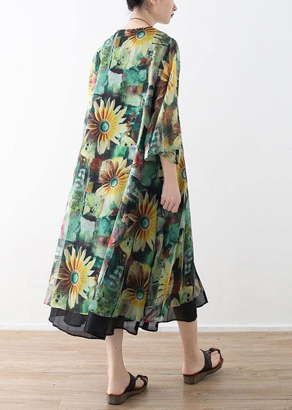 Green Print Long Sleeve Chiffon Long Cardigan